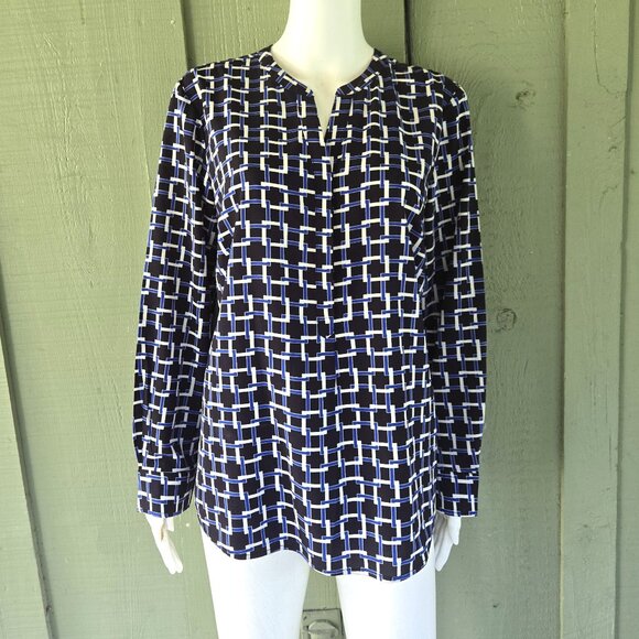 TALBOTS Black Blue Print Silky Top PL Petite Large - Picture 1 of 3